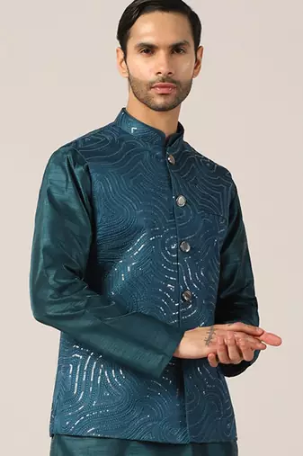 Turquoise cotton silk nehru jacket