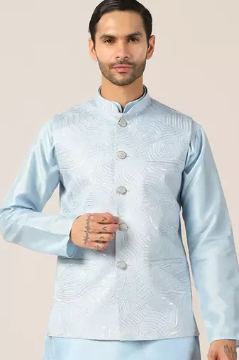 Blue textured nehru jacket