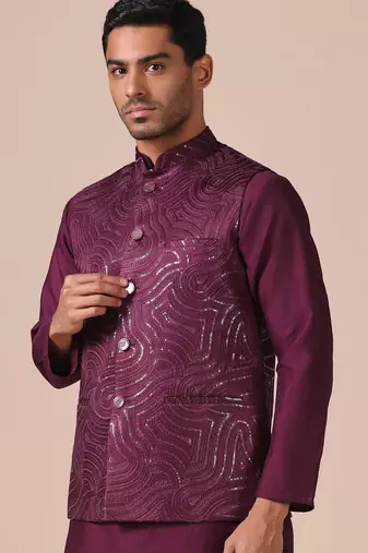 Maroon wave-pattern nehru jacket