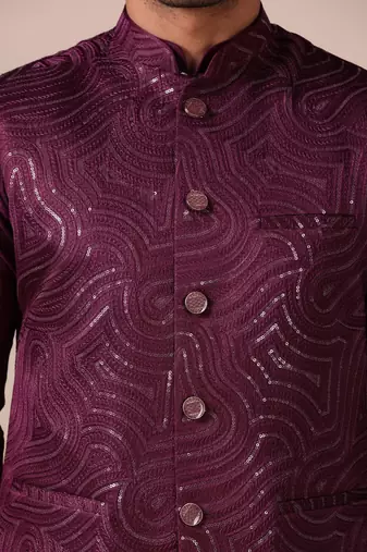 Maroon wave-pattern nehru jacket