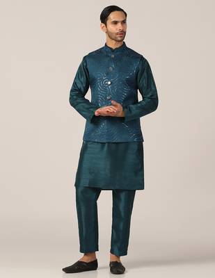 Ocean teal silk kurta pajama with regal jacket 1