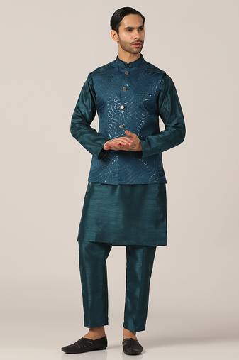 Ocean teal silk kurta pajama with regal jacket
