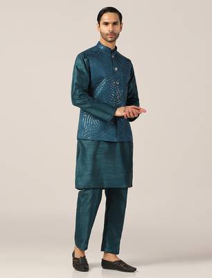 Ocean teal silk kurta pajama with regal jacket 2