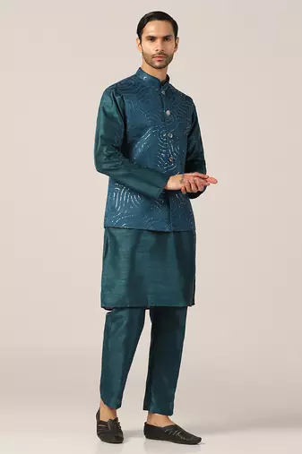 Ocean teal silk kurta pajama with regal jacket