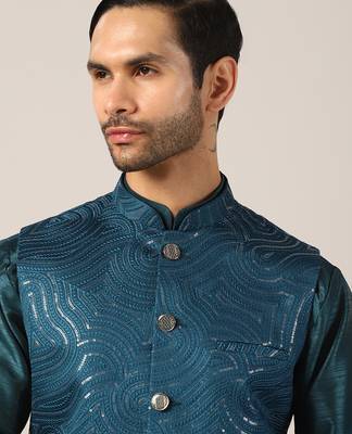 Ocean teal silk kurta pajama with regal jacket 3