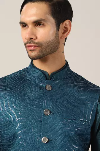 Ocean teal silk kurta pajama with regal jacket