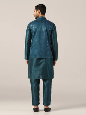Ocean teal silk kurta pajama with regal jacket 4
