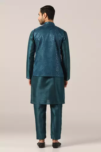 Ocean teal silk kurta pajama with regal jacket