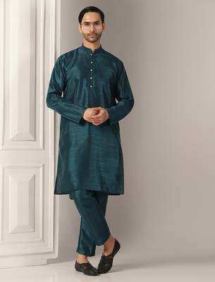 Ocean teal silk kurta pajama with regal jacket 5