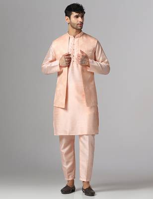Peach whisper kurta pajama with minimal jacket 1