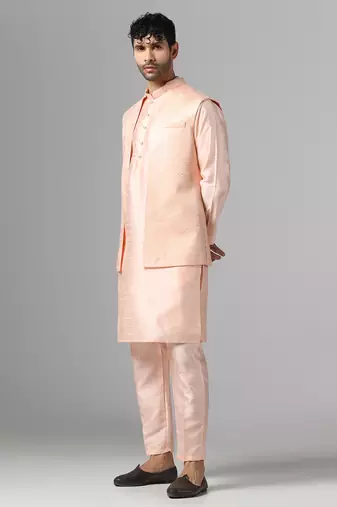 Peach whisper kurta pajama with minimal jacket