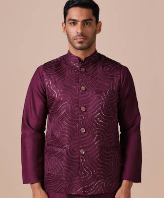 Heritage wine kurta pajama with textured nehru jacket 2