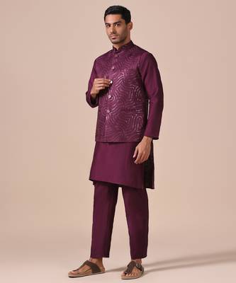 Heritage wine kurta pajama with textured nehru jacket 3