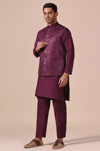 Heritage wine kurta pajama with textured nehru jacket