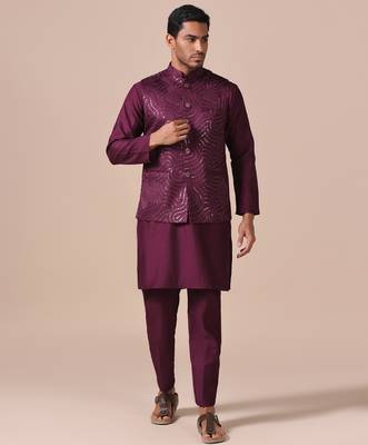Heritage wine kurta pajama with textured nehru jacket 1