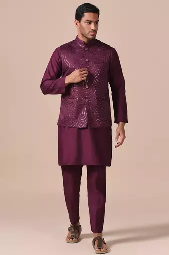 Heritage wine kurta pajama with textured nehru jacket