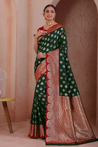  green floral art silk woven saree comes with matching blouse