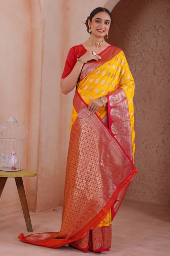  mustard floral art silk woven saree comes with matching blouse