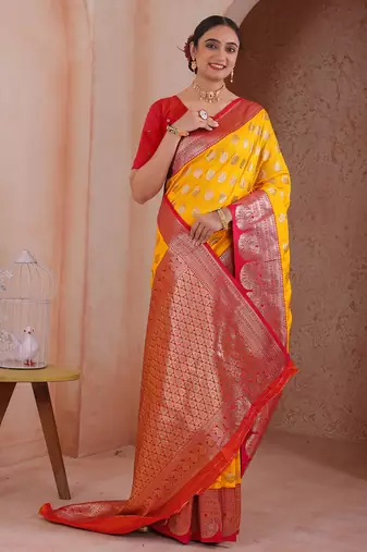  mustard floral art silk woven saree comes with matching blouse