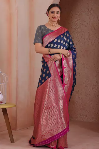  navy blue floral art silk woven saree comes with matching blouse