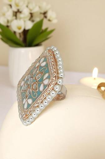 Gold plated sky blue kundan meenakari square finger ring