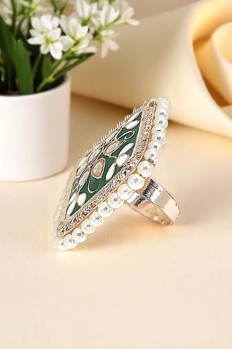 Gold plated teal kundan meenakari square finger ring