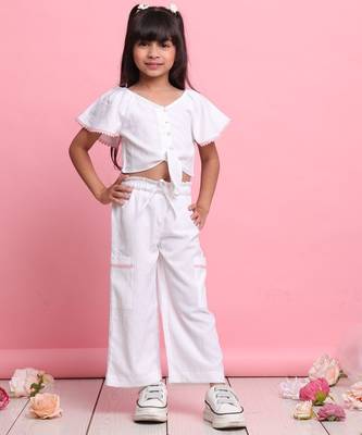 Girls' white co-ord set     front-knot top with relaxed fit trousers 1