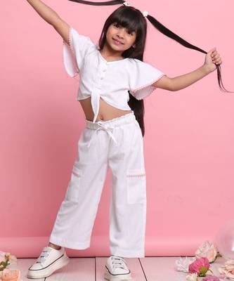Girls' white co-ord set     front-knot top with relaxed fit trousers 2