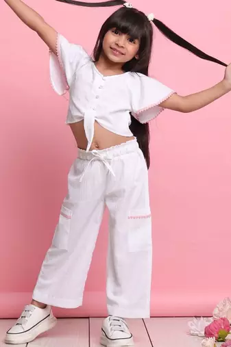 Girls' white co-ord set     front-knot top with relaxed fit trousers