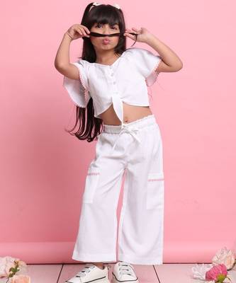 Girls' white co-ord set     front-knot top with relaxed fit trousers 3