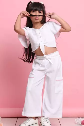 Girls' white co-ord set     front-knot top with relaxed fit trousers