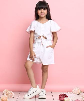 Girls' white co-ord set     front-knot top & high-waist shorts 1