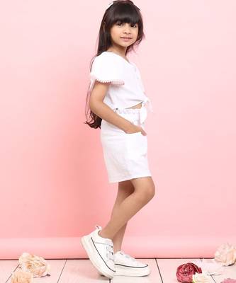 Girls' white co-ord set     front-knot top & high-waist shorts 2