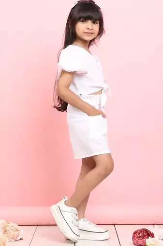 Girls' white co-ord set     front-knot top & high-waist shorts