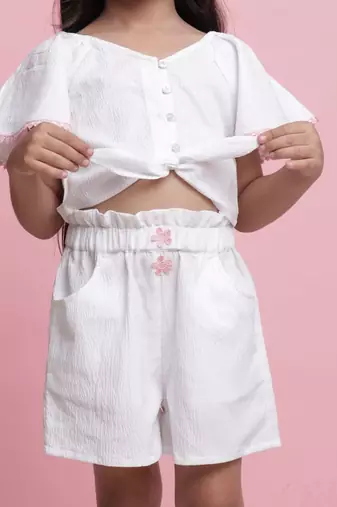 Girls' white co-ord set     front-knot top & high-waist shorts