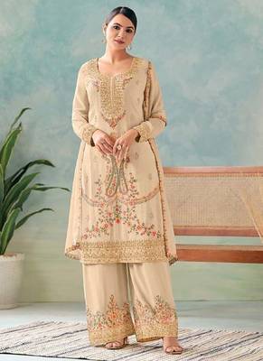 Cream chinon embroidered palazzo suit 1