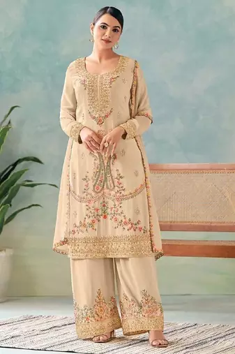 Cream chinon embroidered palazzo suit