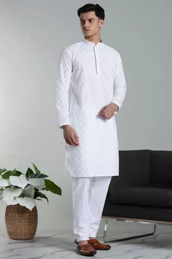 Arruga sylish white multi tone embroidery kurta pyjama set