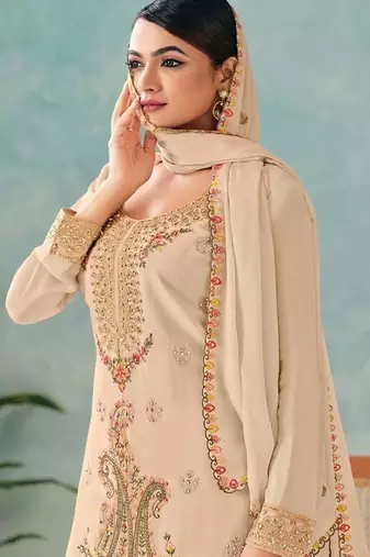 Cream chinon embroidered palazzo suit