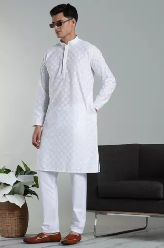 Arruga sylish white multi tone embroidery kurta pyjama set