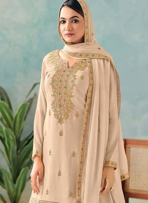 Cream chinon embroidered palazzo suit 2