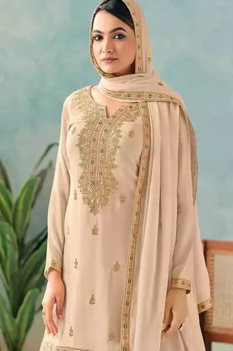 Cream chinon embroidered palazzo suit