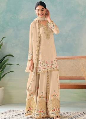 Cream chinon embroidered palazzo suit 1