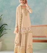 Cream chinon embroidered palazzo suit