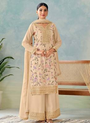 Cream chinon embroidered palazzo suit 1