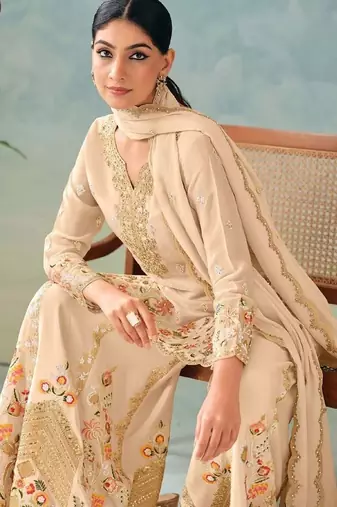 Cream chinon embroidered palazzo suit