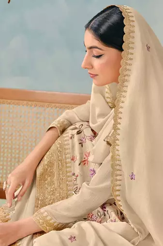 Cream chinon embroidered palazzo suit