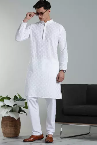 Arruga sylish white multi tone embroidery kurta pyjama set