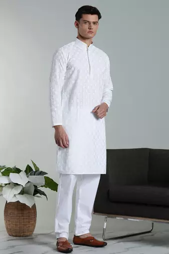 Arruga sylish white multi tone embroidery kurta pyjama set