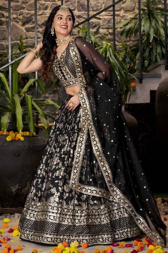 Enchanting Black sequin and zari embroidered Dola Silk Jacquard indian designer wedding lehenga dress